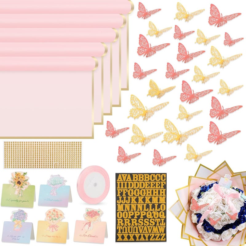 Besuper 52Pcs Flower Bouquet Wrapping Paper Accessories Kit, 20 Sheets Pink Waterproof Floral Wrapping Paper, 12 Gold 12 Pink Butterflies, 5 Cards, 1 Ribbon, 1 Letter 1 Rhinestone Sticker (Gold Edge) - Image 1